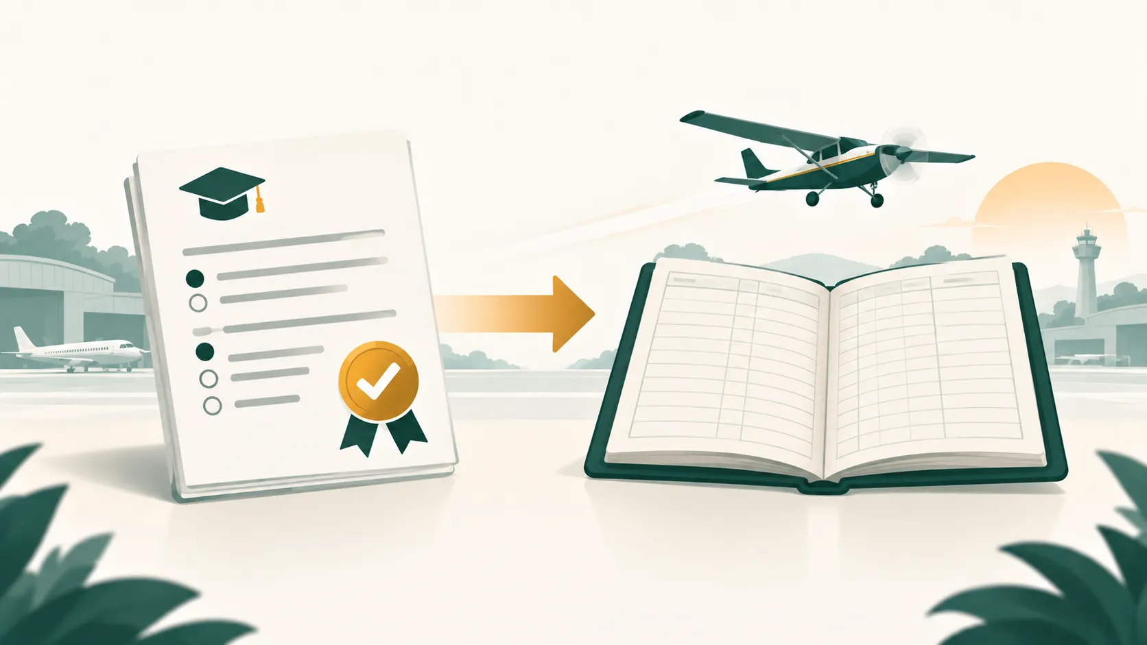 A cleared paper handing over to a flight-hours logbook.