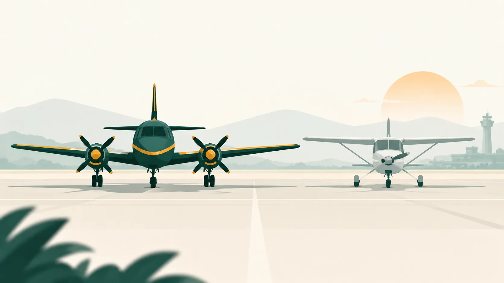 A twin-engine aircraft silhouette beside a single-engine one, with the single greyed out.