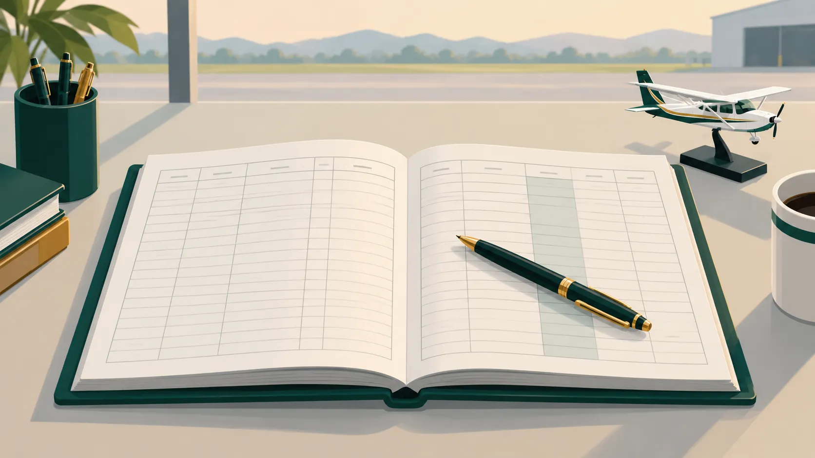 An open logbook with a pen resting on a filled column.