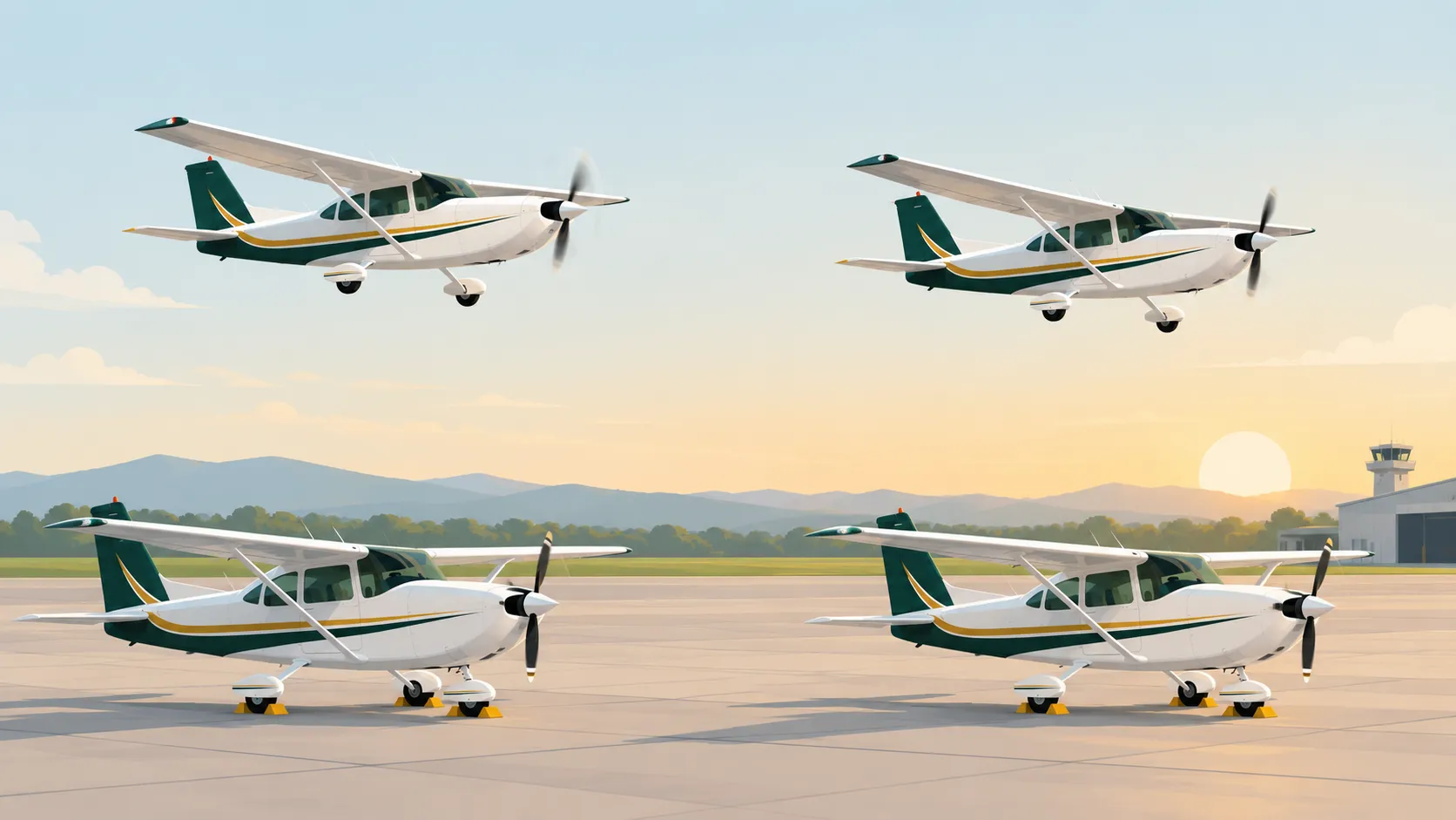 Four aircraft in a row, two in the air and two grounded.