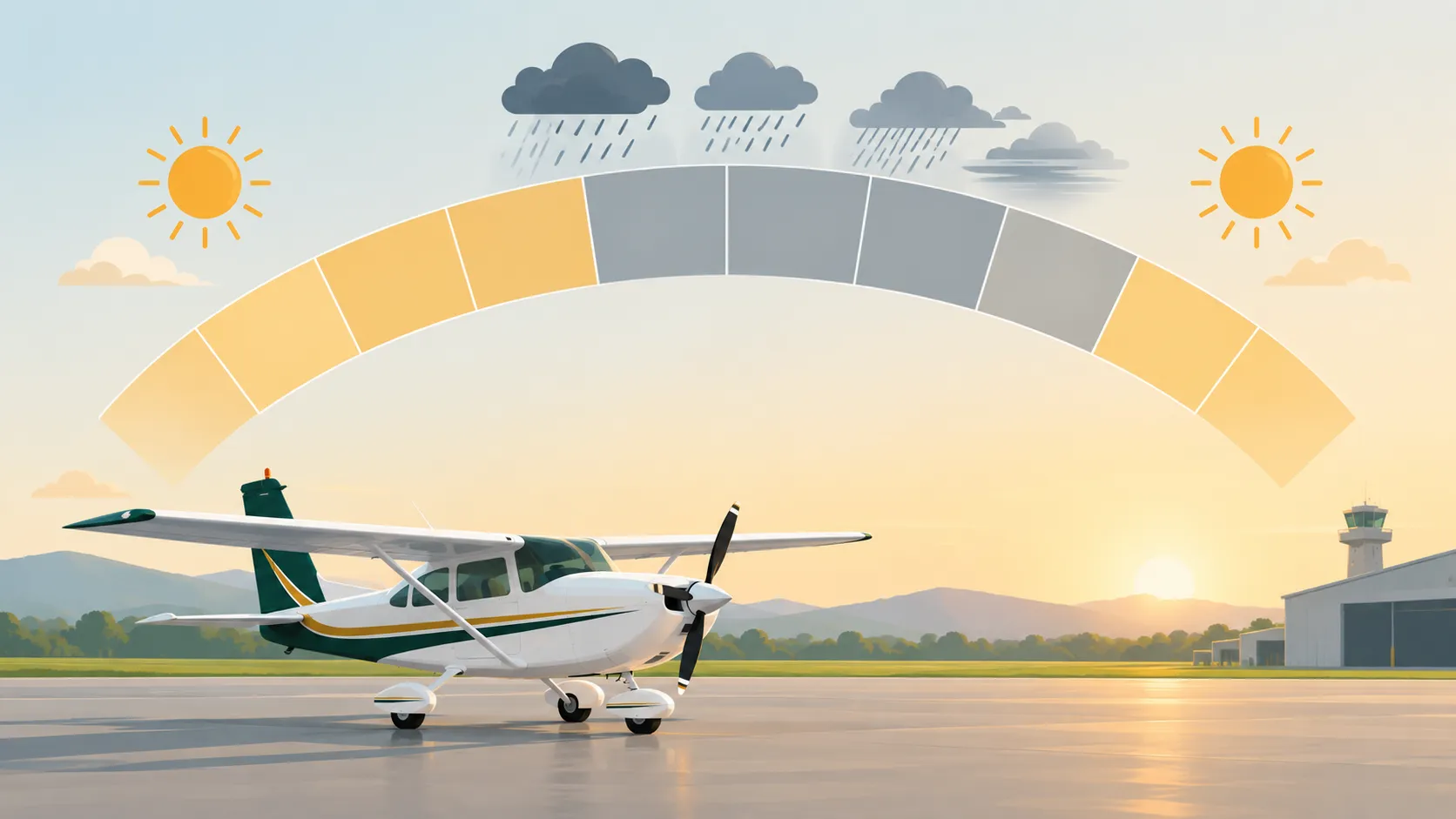A year arc with some months shaded for weather that suppresses flying.
