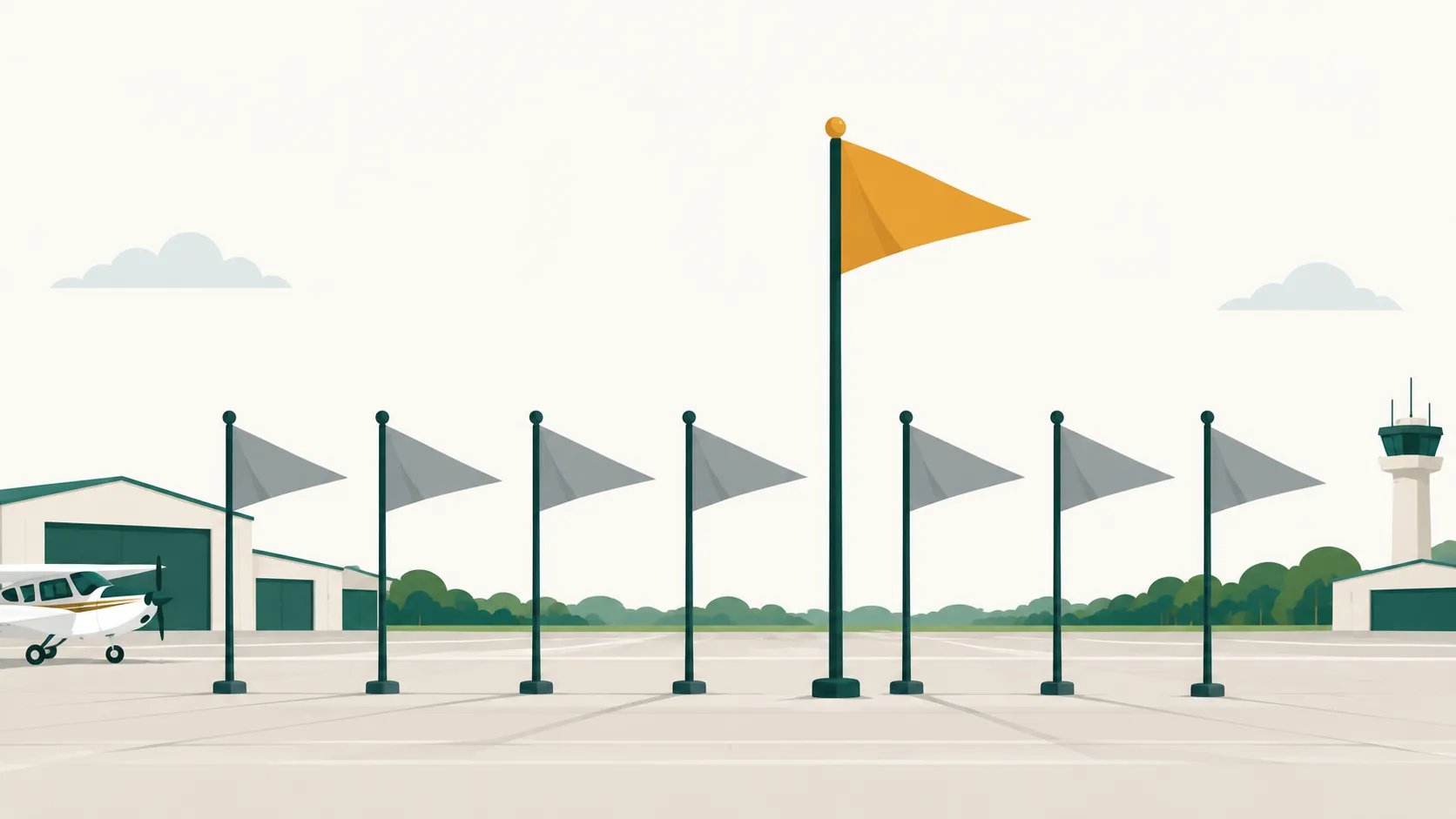 A row of small flags with one raised higher than the rest.