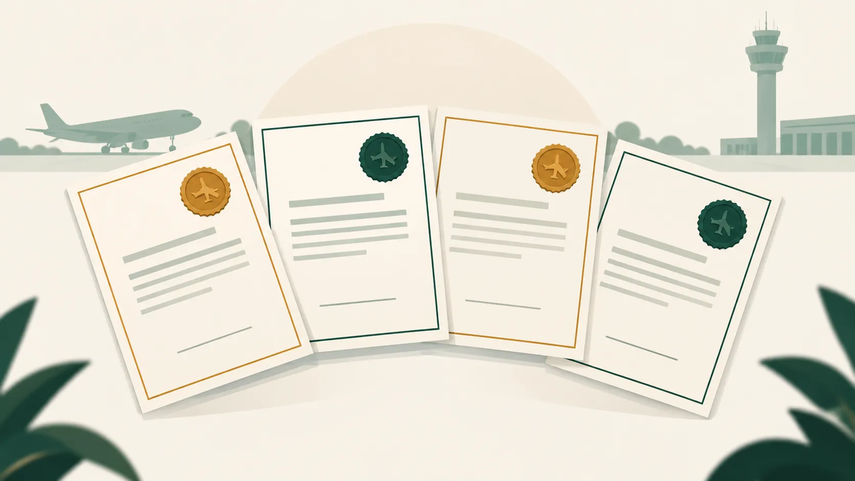 A fanned set of four certificates, each with a corner seal.