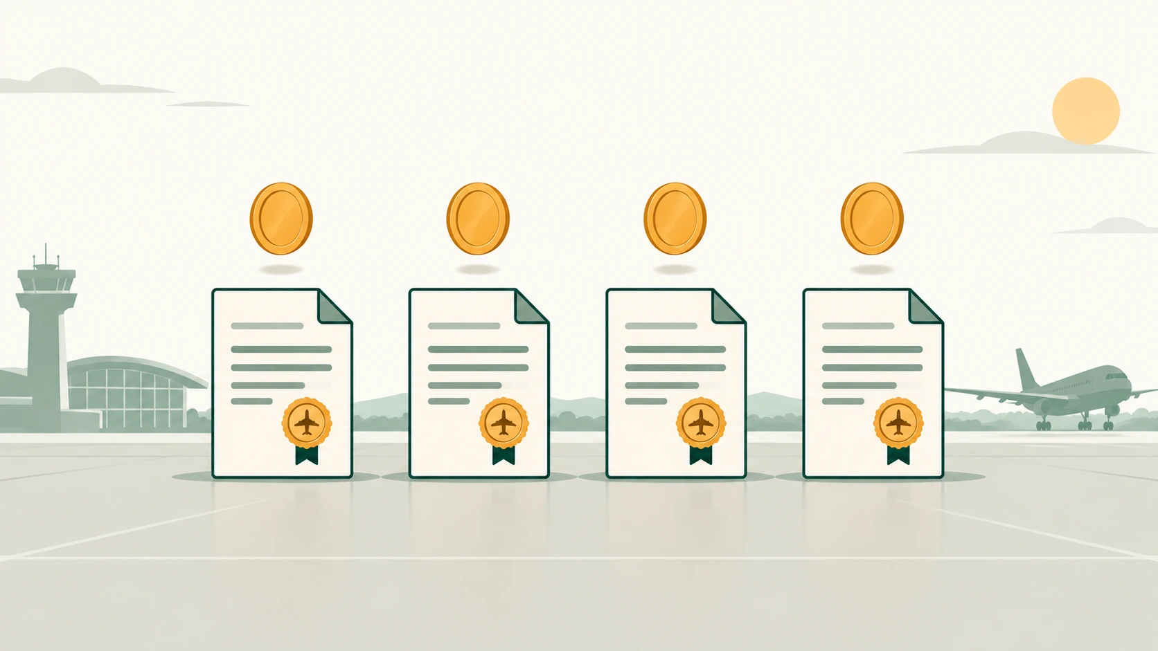 Four identical examination papers in a row, each with its own small coin above it.