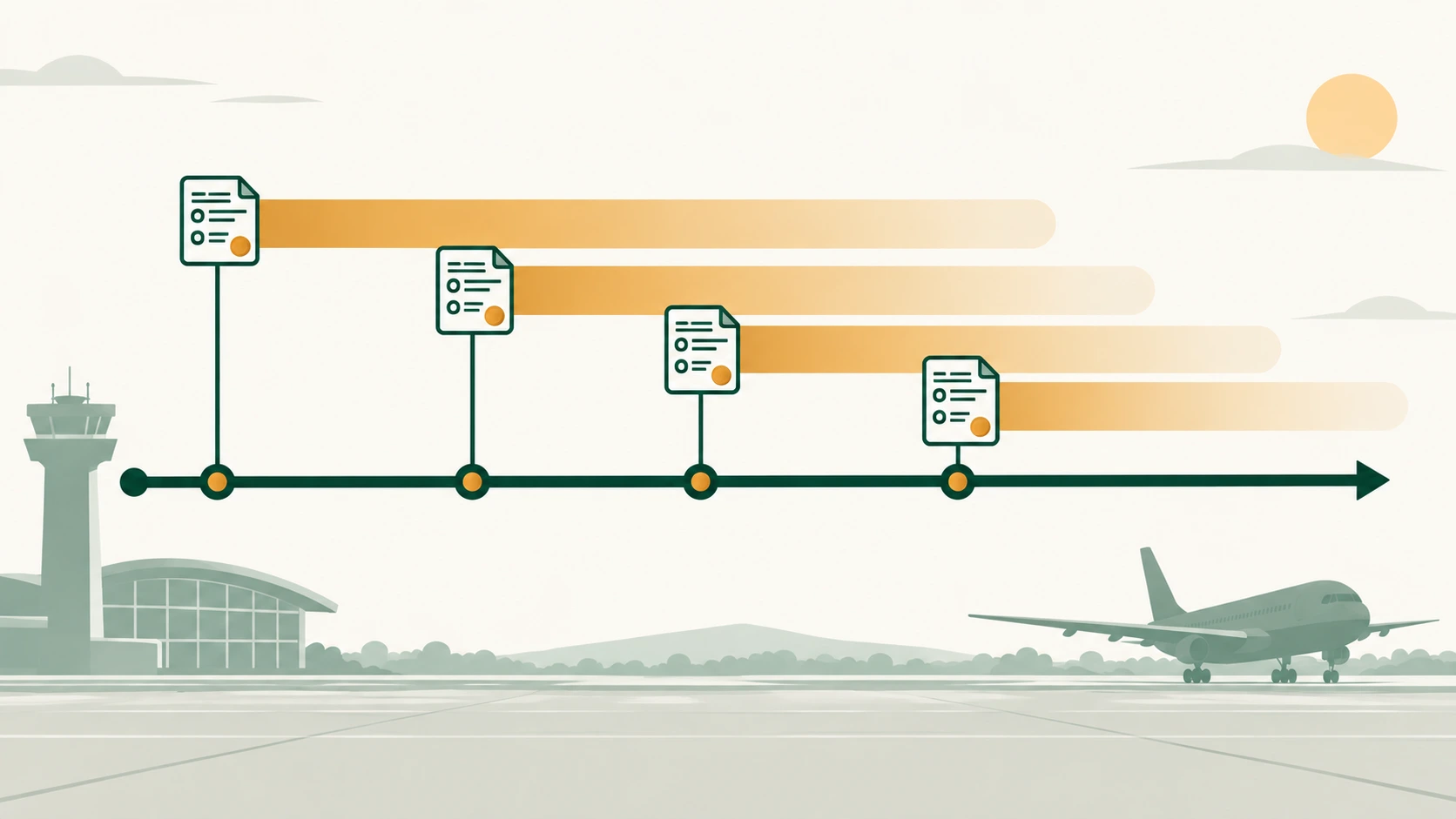 Four papers placed at different points along a timeline, some overlapping.