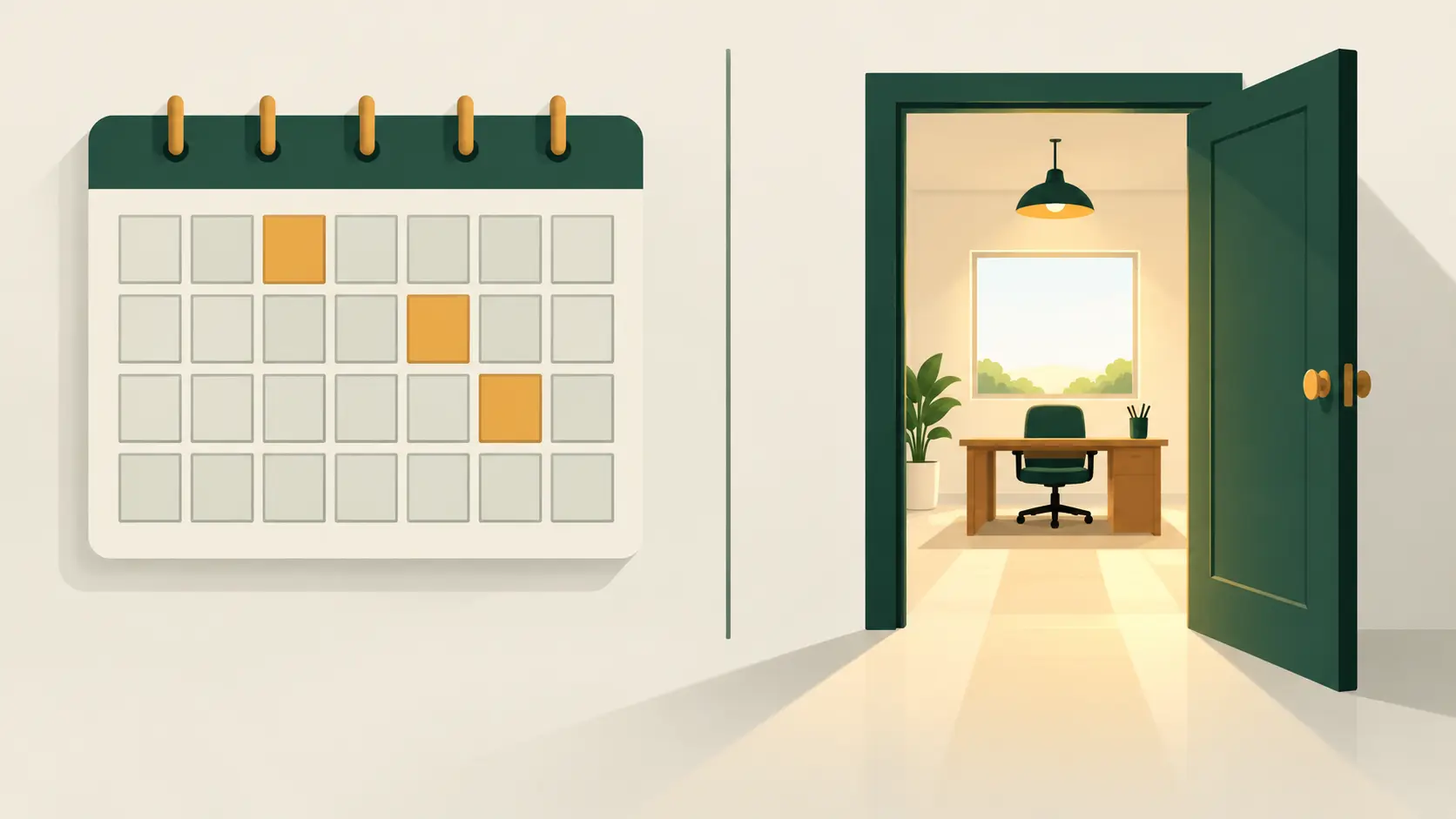 A month grid with a few marked days beside a single always-open door.